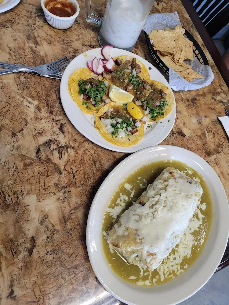 Wet Burrito with Green Sauce and Tacos Carne Asada and El Pastor